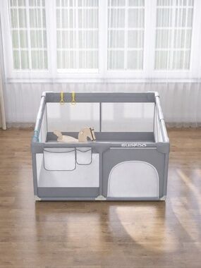 SUPFOO Luxury Baby Playpen 47x47 – Modern Gray | Colorful Activity Handles | Exc